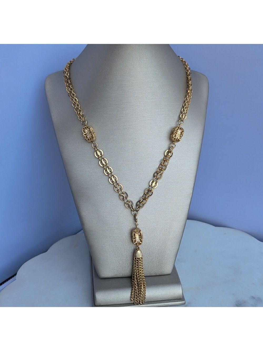 Vintage Emmons Gold Tone Double Strand Chain‎ Filigree Tassel Pendant Necklace